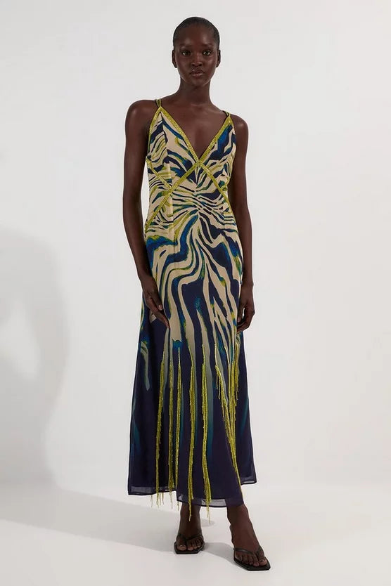 Animal Print Georgette Embellished Strappy Woven Maxi Dress