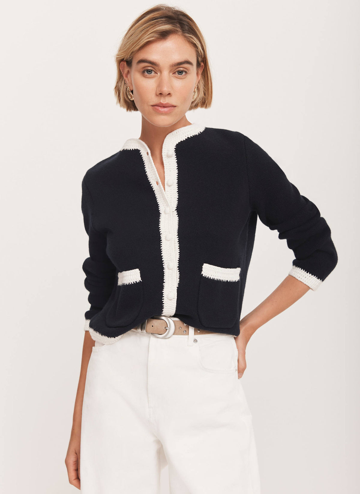 Navy Crochet Cotton Blend Jacket