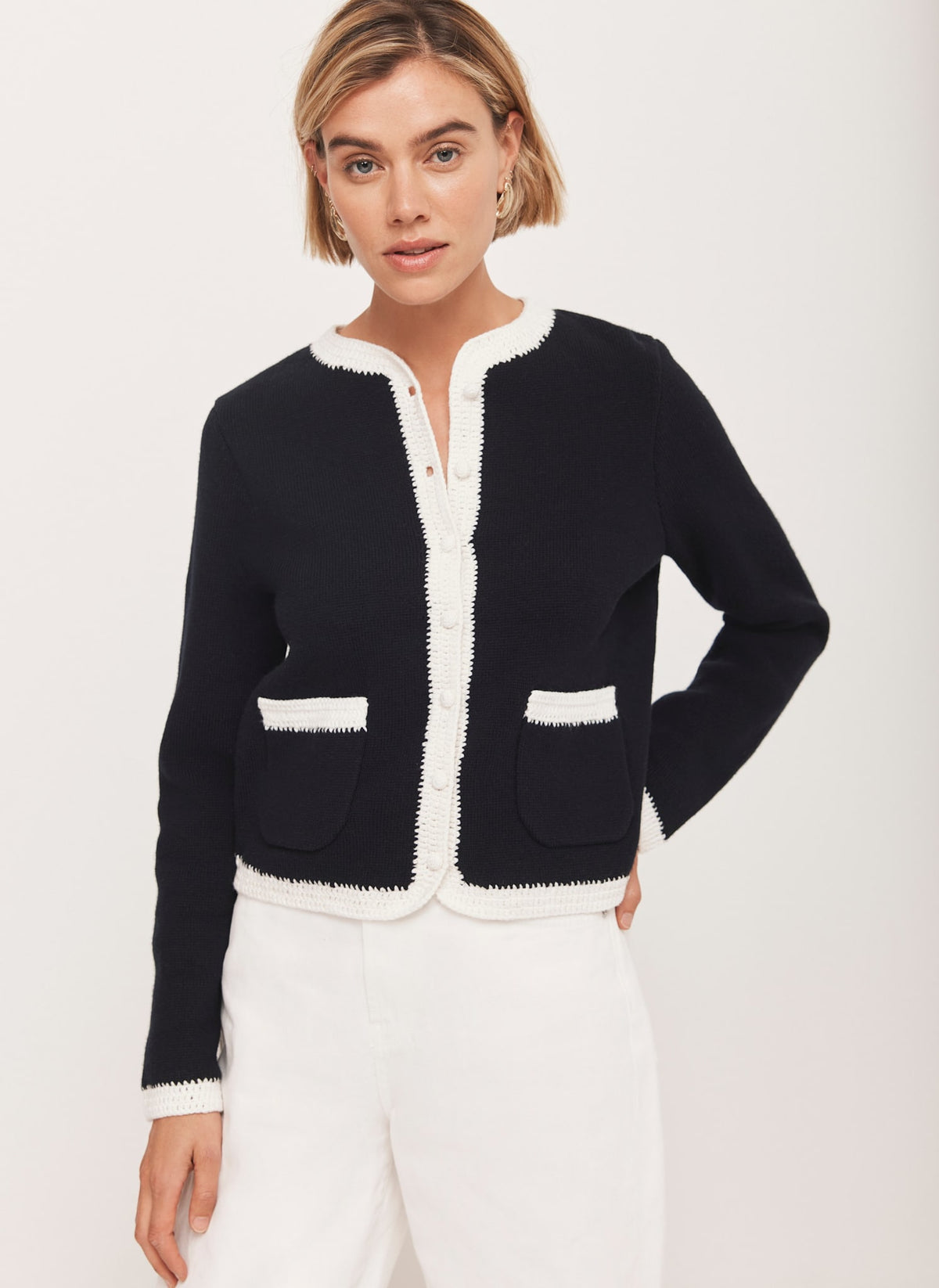 Navy Crochet Cotton Blend Jacket