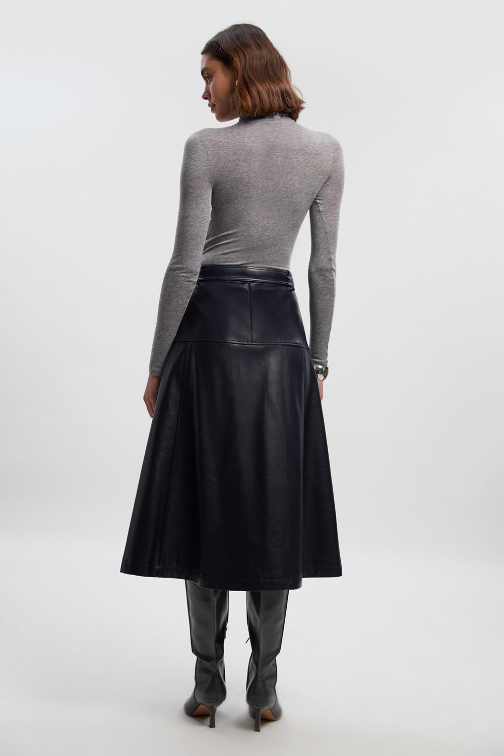Faux Leather Belted Full Skirt