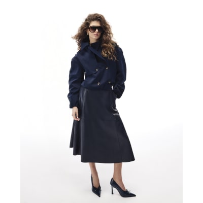 Navy Faux Leather Midi Skirt