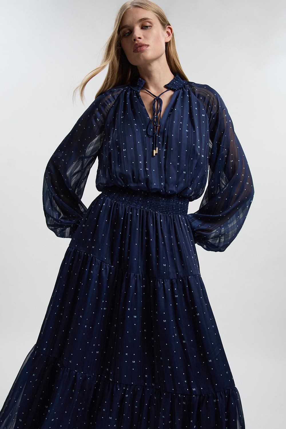 Print Shirred Detail Dobby High Neck Woven Maxi Dress