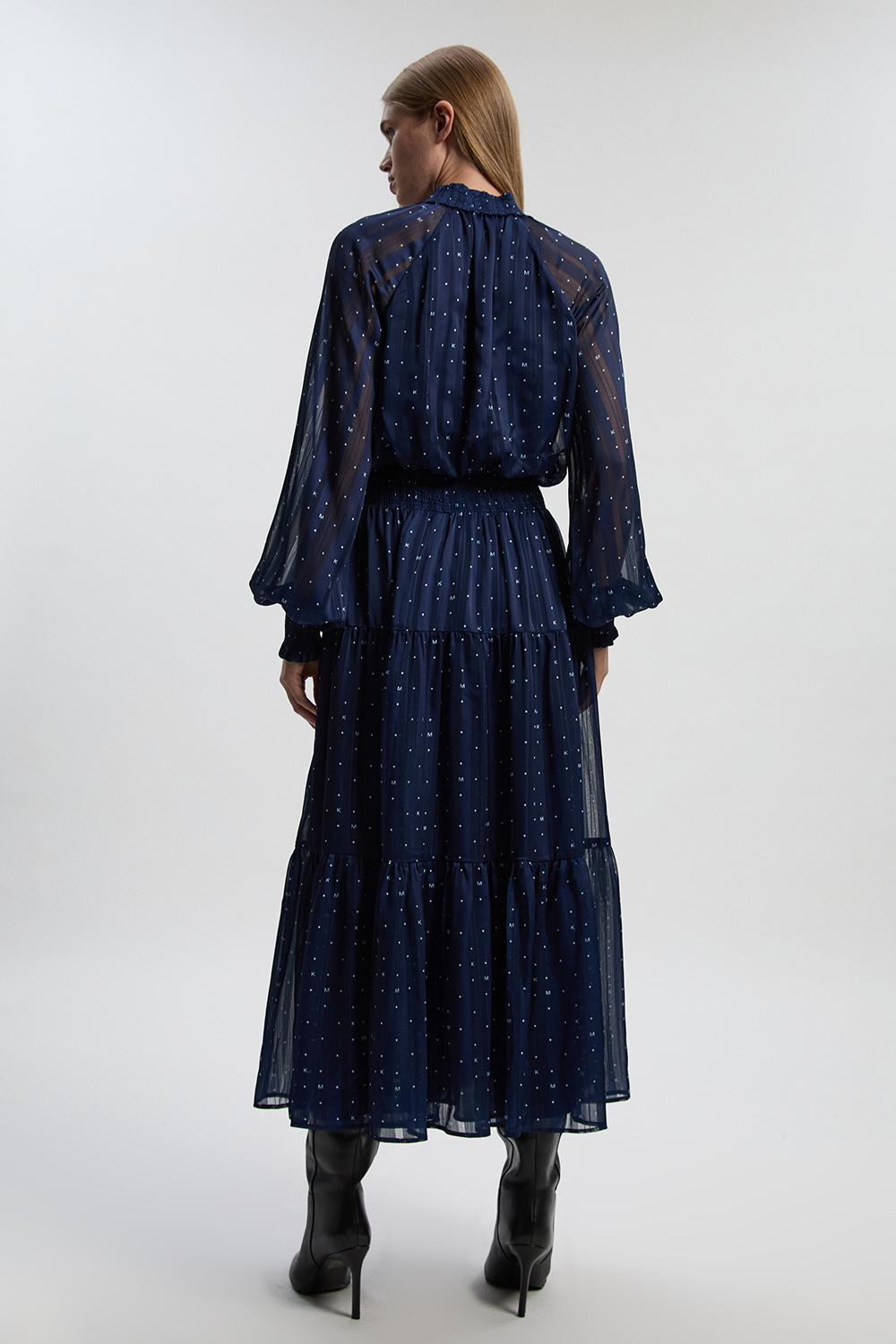 Print Shirred Detail Dobby High Neck Woven Maxi Dress