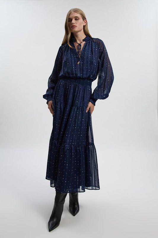 Print Shirred Detail Dobby High Neck Woven Maxi Dress