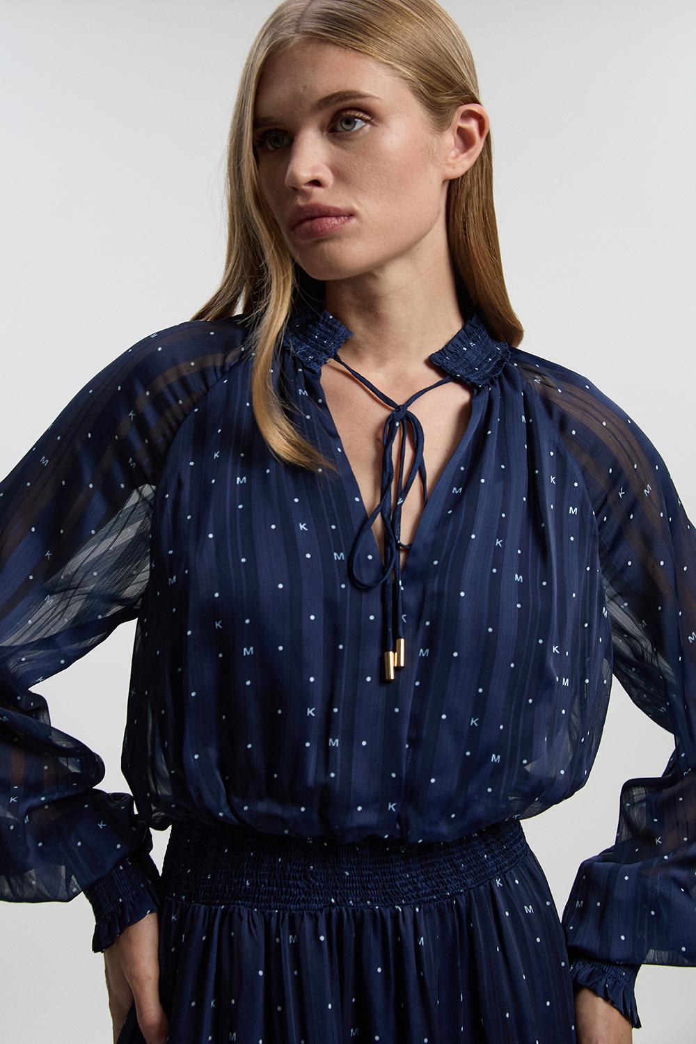 Print Shirred Detail Dobby High Neck Woven Maxi Dress