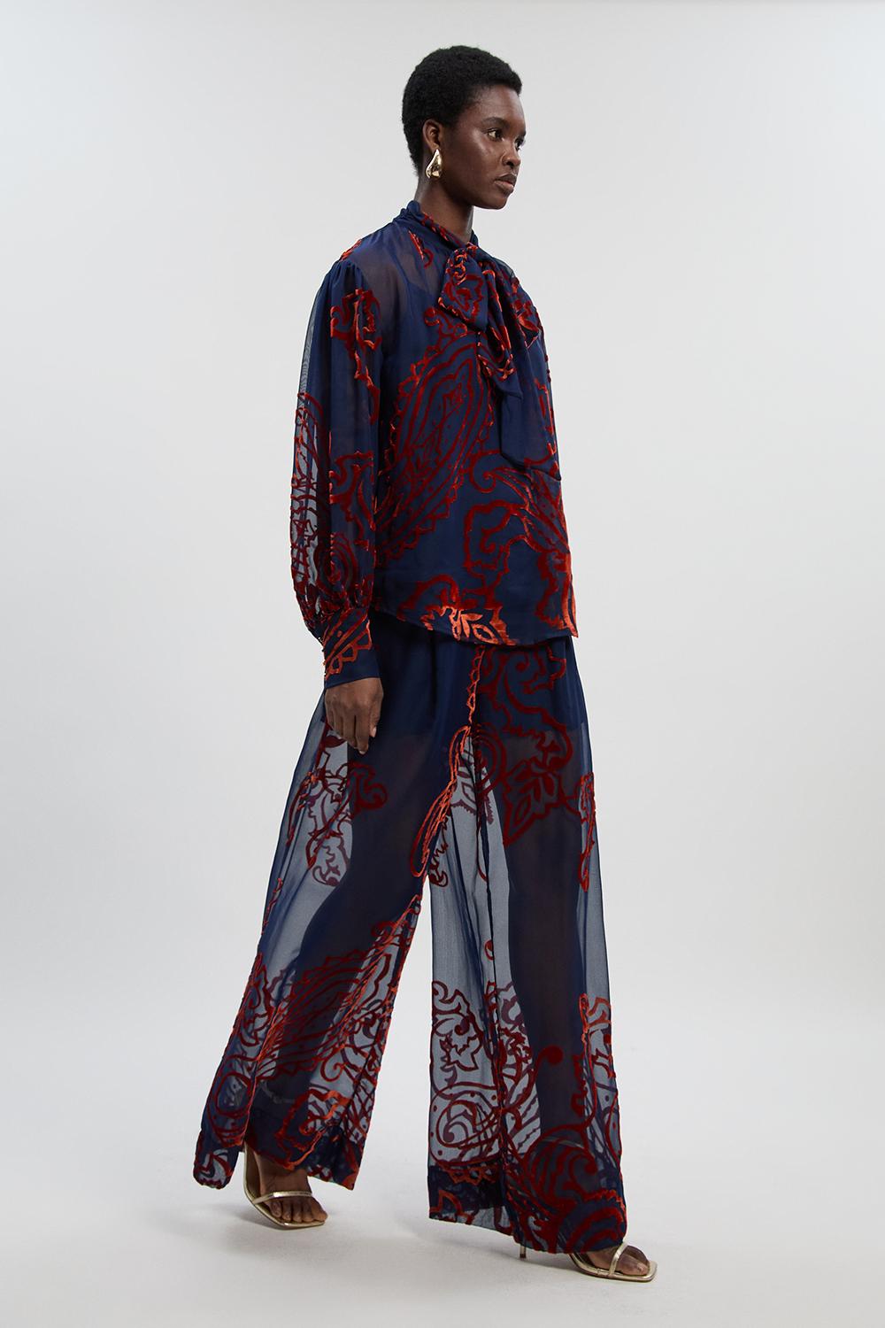 Paisley Devore Woven Wide Leg Trouser
