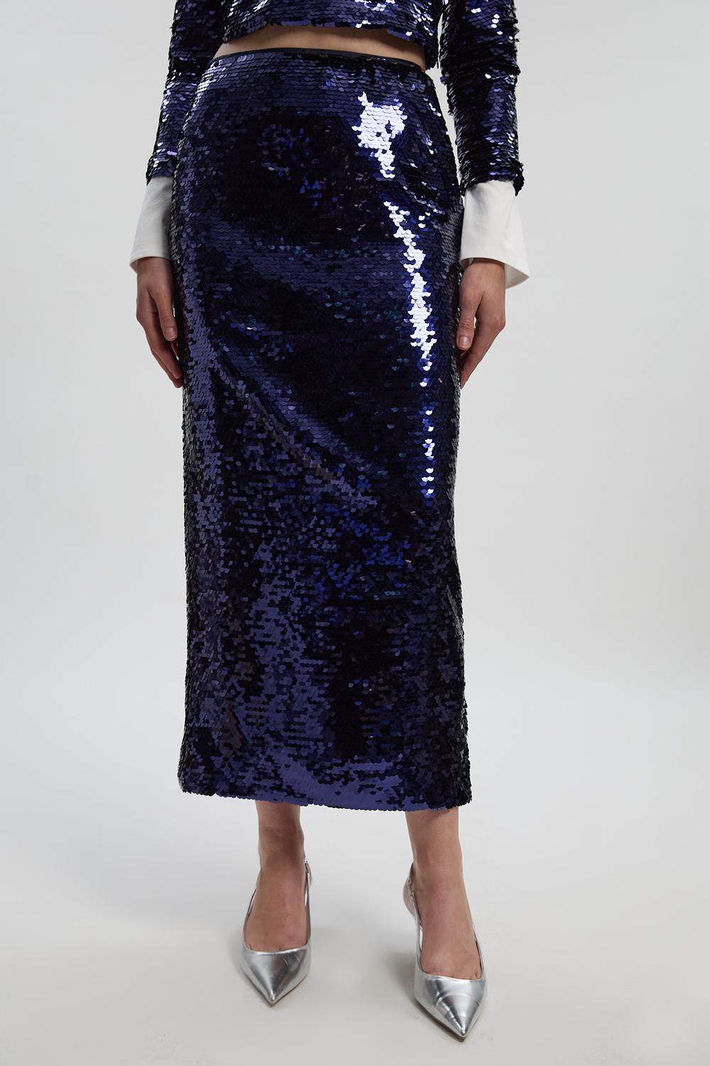 Sequin Front Split Woven Midi Skirt
