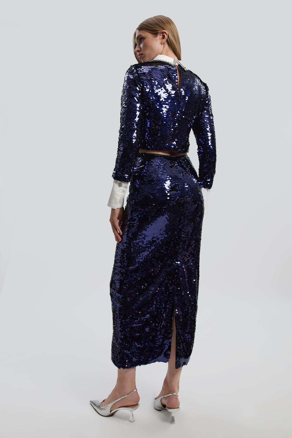 Sequin Front Split Woven Midi Skirt