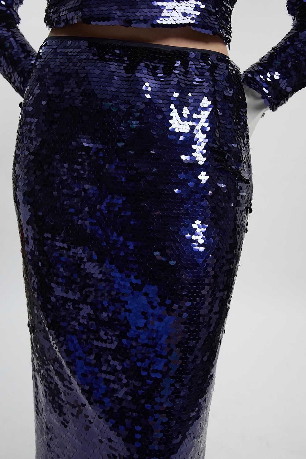 Sequin Front Split Woven Midi Skirt