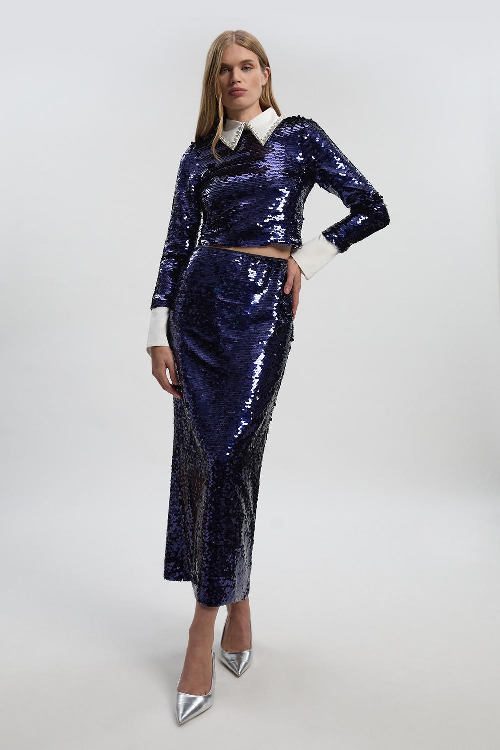 Sequin Woven Long Sleeve Woven Cropped Top