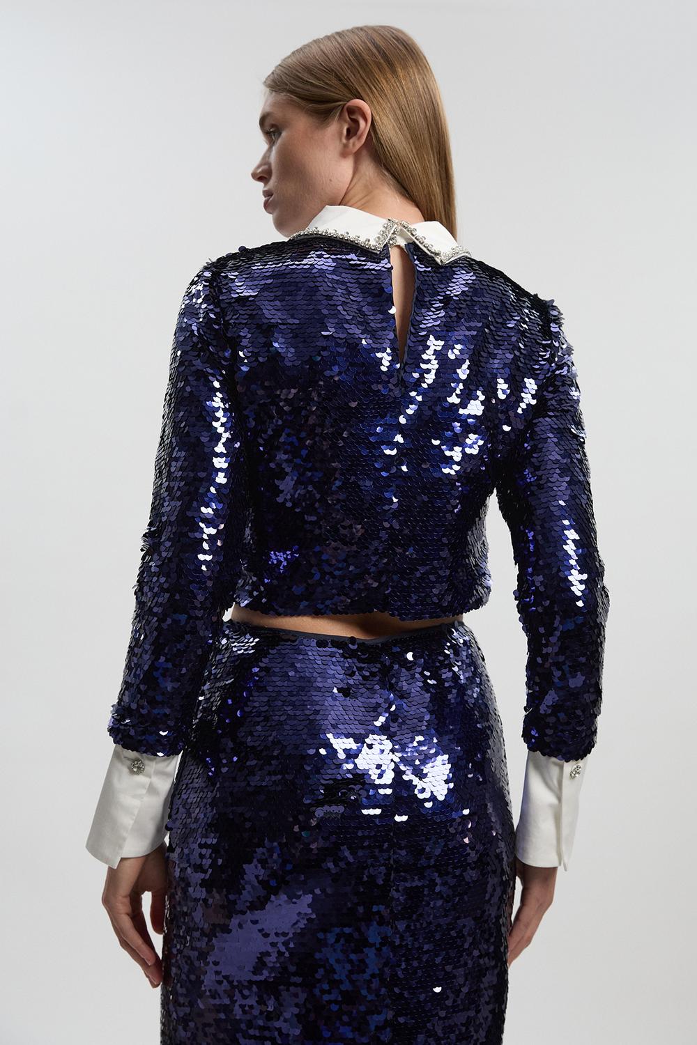 Sequin Woven Long Sleeve Woven Cropped Top