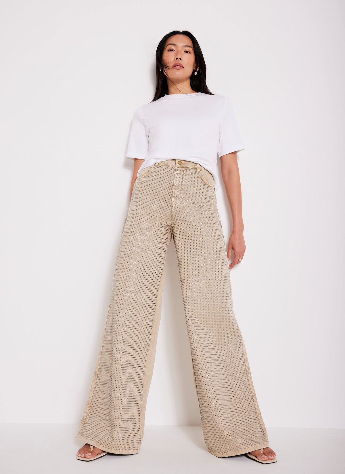 Neutral Diamante Wide Leg Jeans