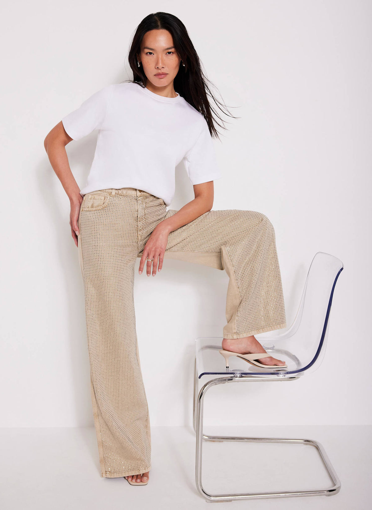 Neutral Diamante Wide Leg Jeans