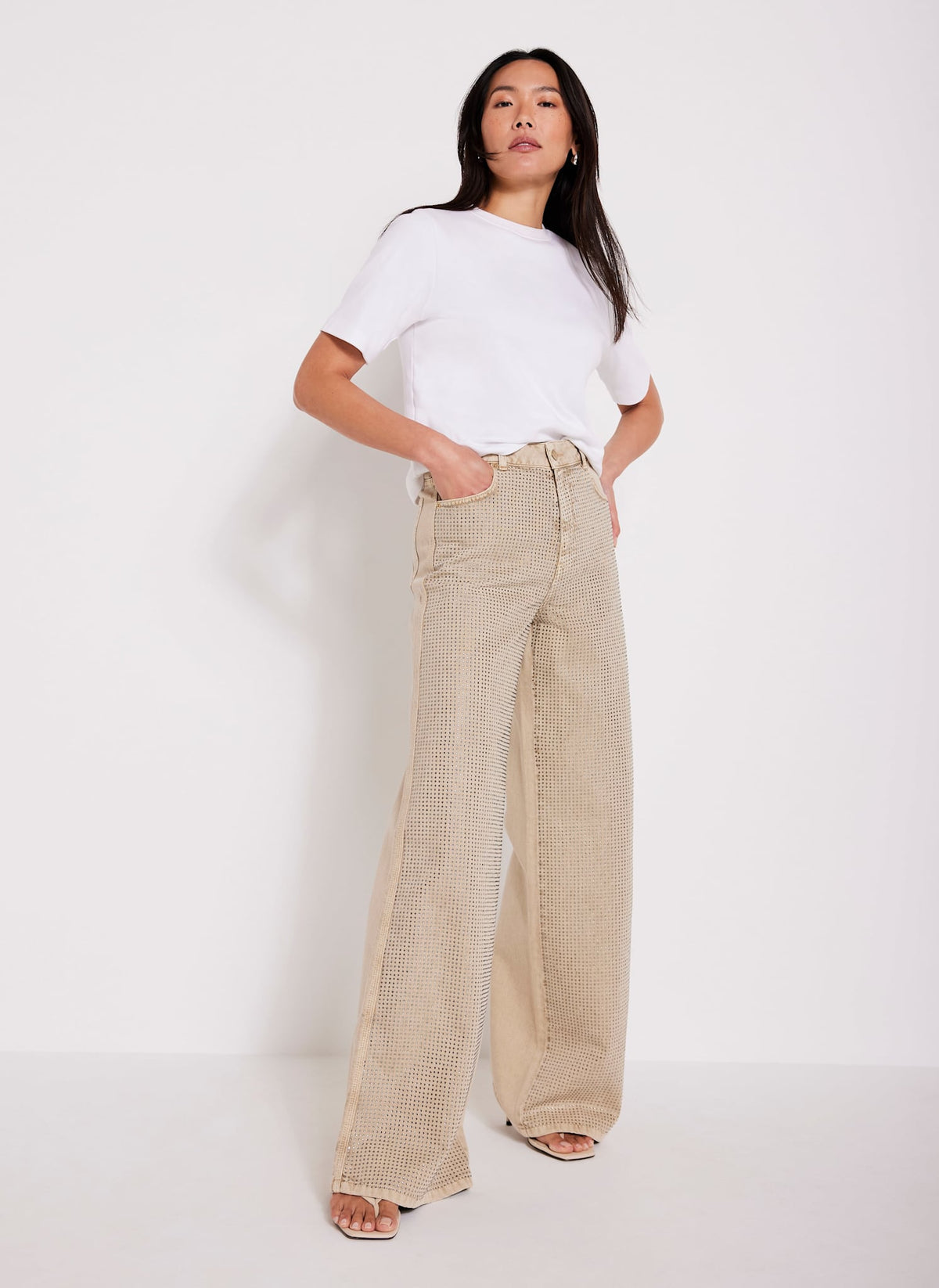 Neutral Diamante Wide Leg Jeans