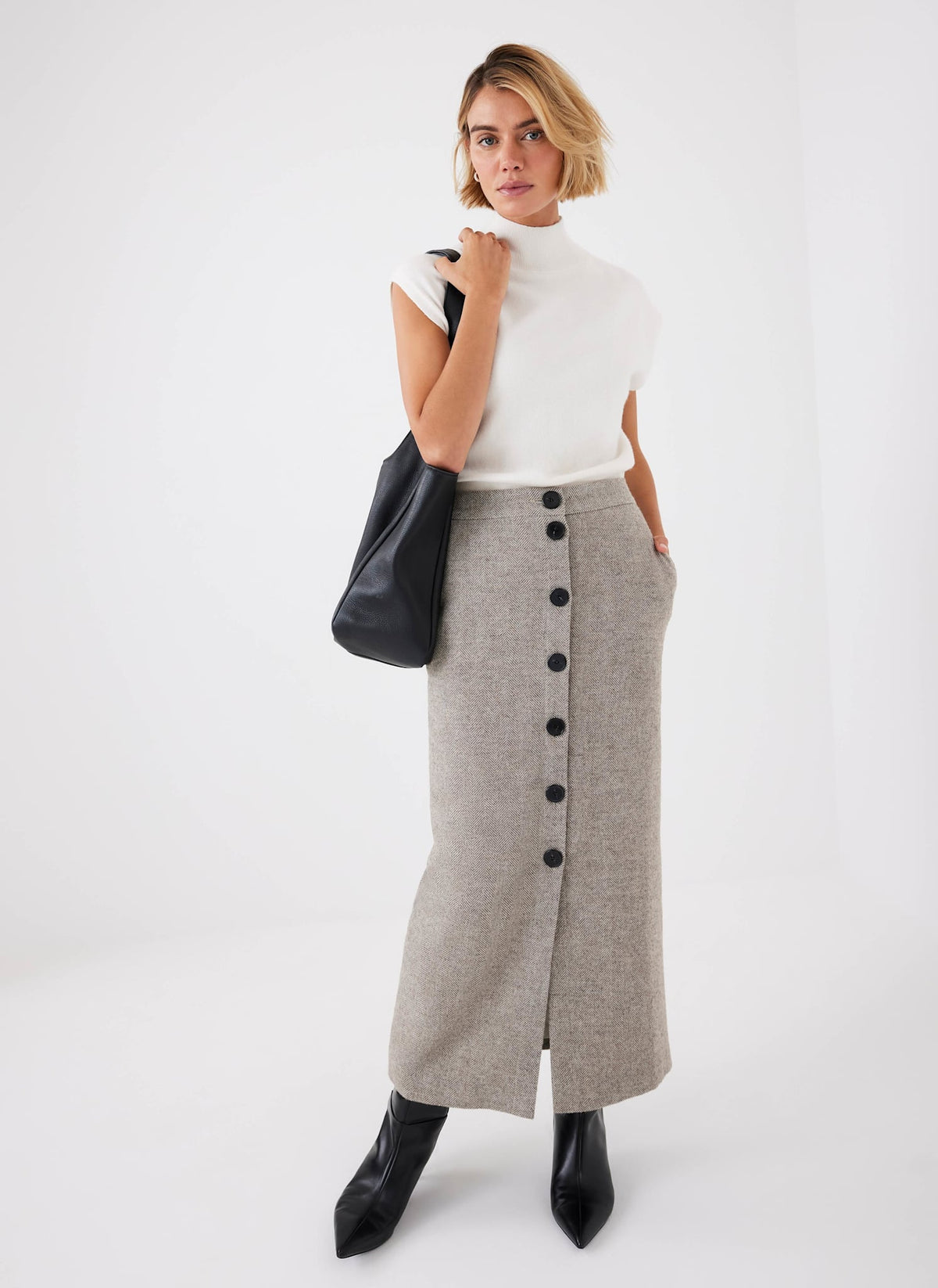Neutral Herringbone Midi Skirt