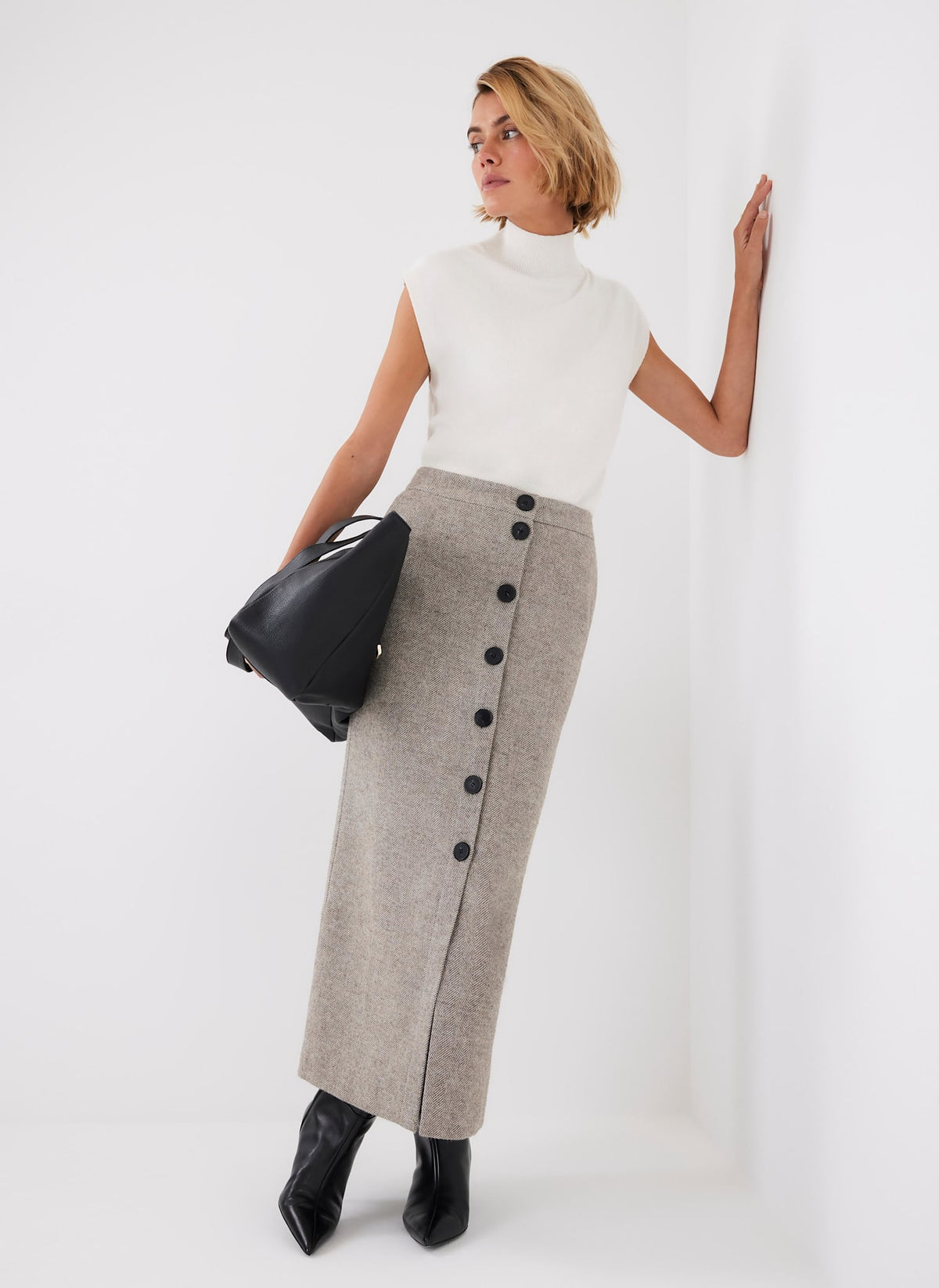Neutral Herringbone Midi Skirt