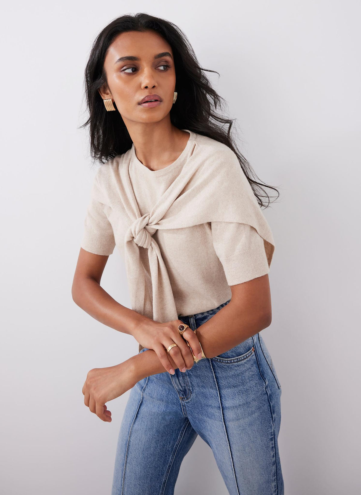 Neutral Cotton Blend Scarf Detail Knit Top