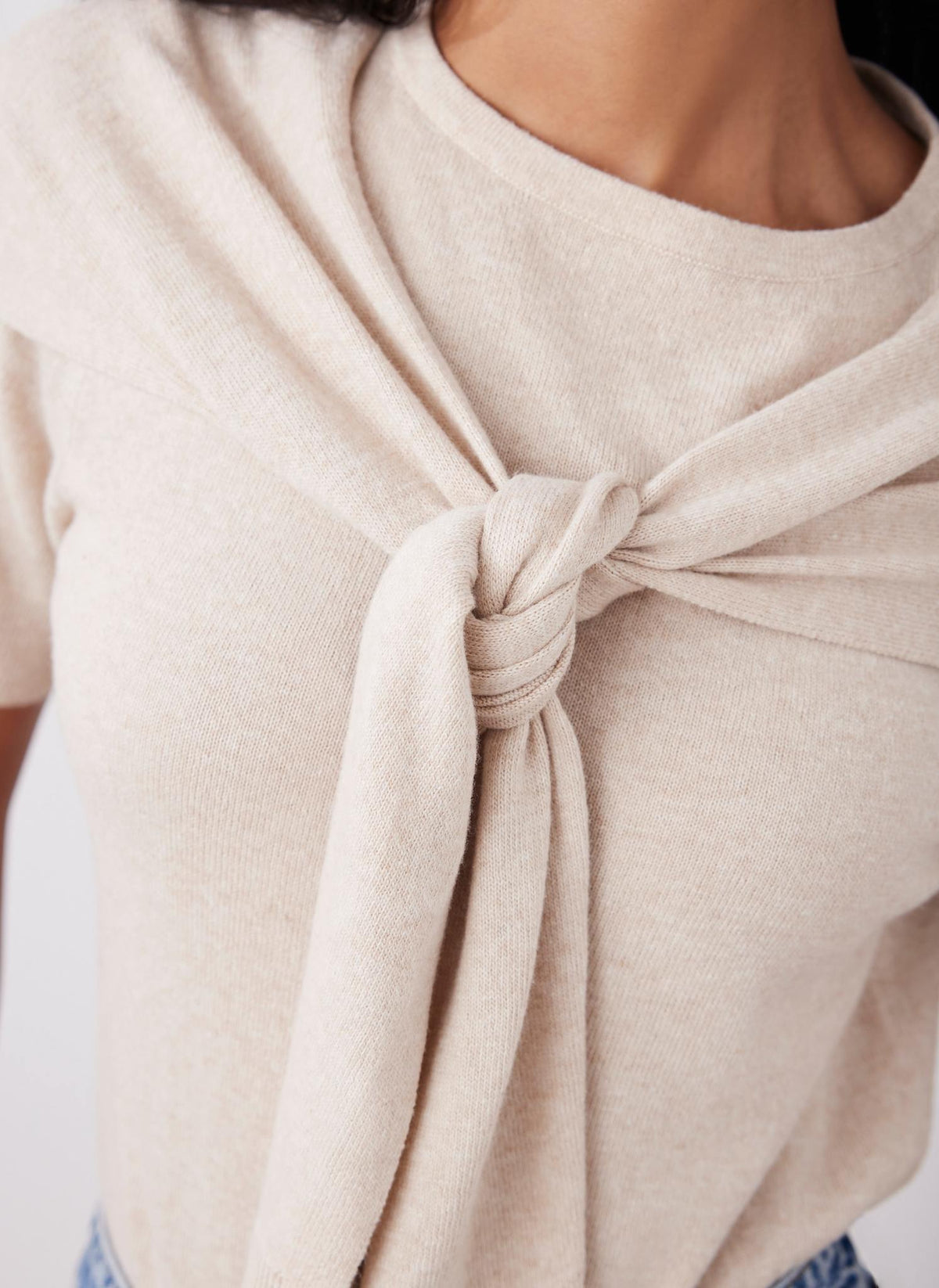 Neutral Cotton Blend Scarf Detail Knit Top