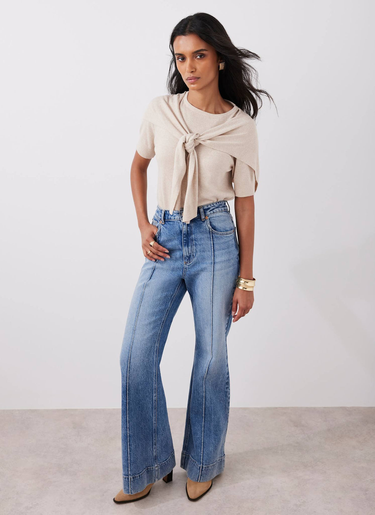Neutral Cotton Blend Scarf Detail Knit Top
