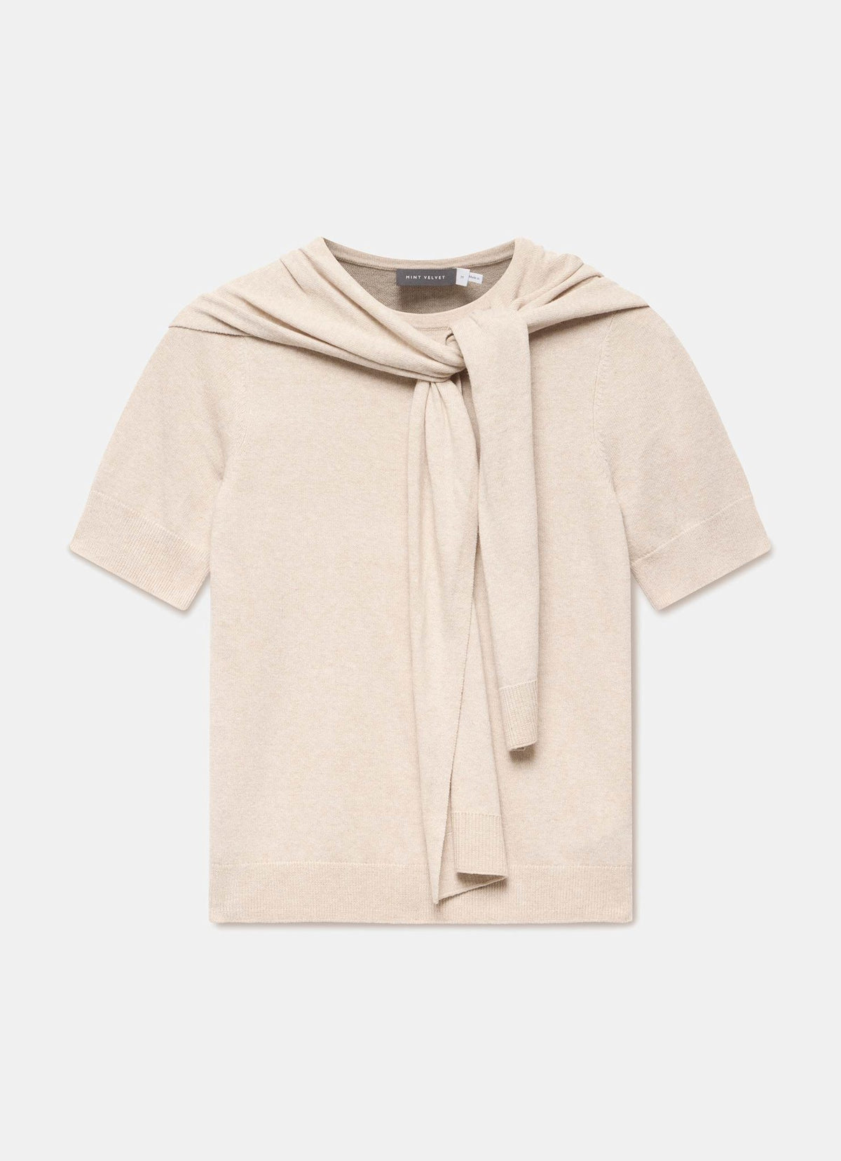 Neutral Cotton Blend Scarf Detail Knit Top