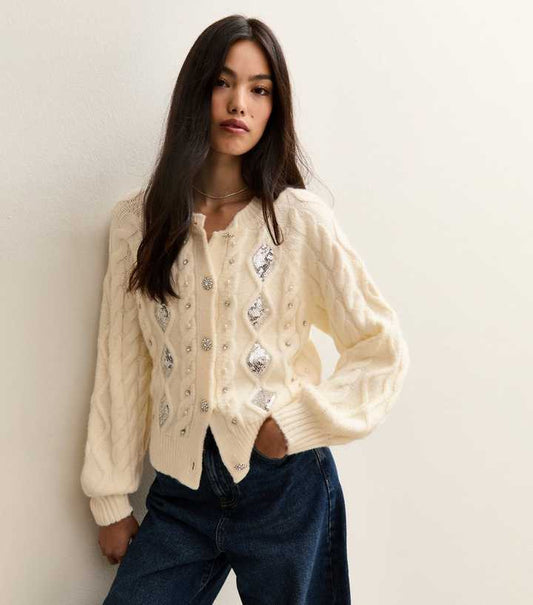 Off White Cable Knit Sequin Embellished Cardigan