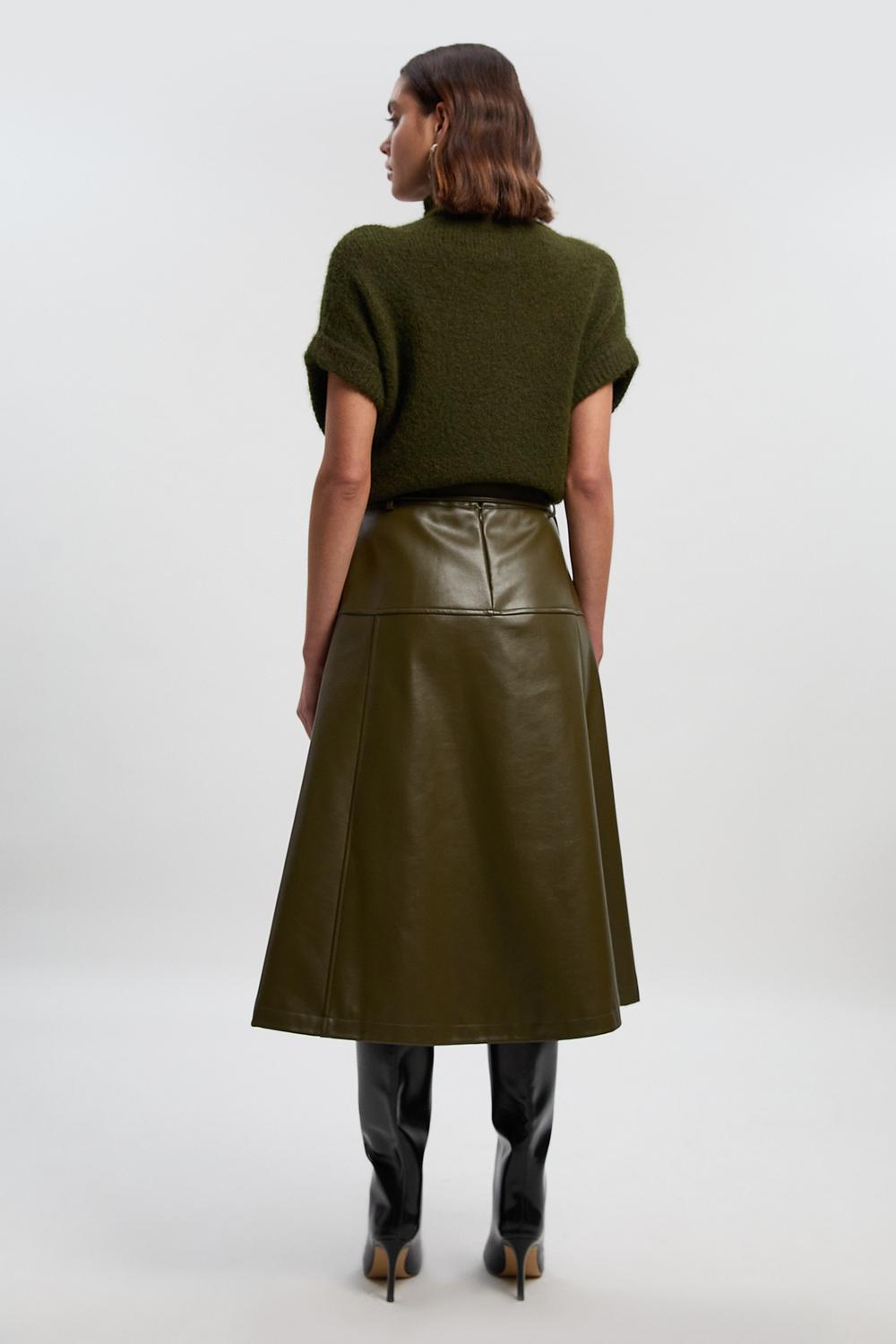 Faux Leather Belted Full Skirt