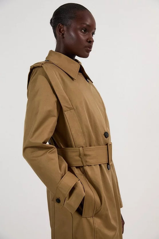 Strong Shoulder Belted Maxi Trench Coat