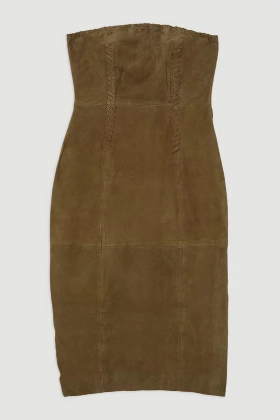 Suede Whipstitch Detail Bandeau Midi Dress