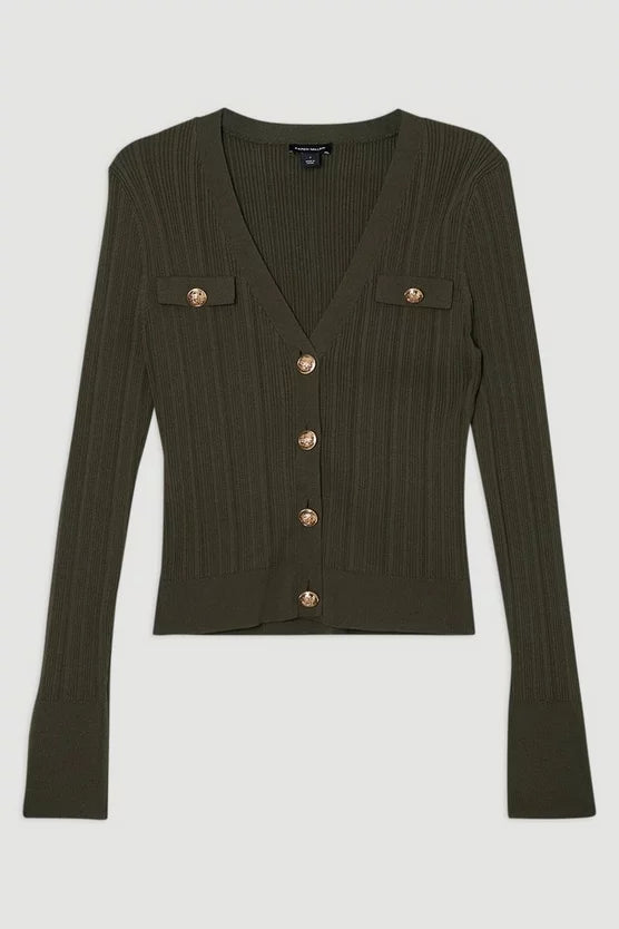 Viscose Blend Dry Handle Rib Military Trim Cardigan