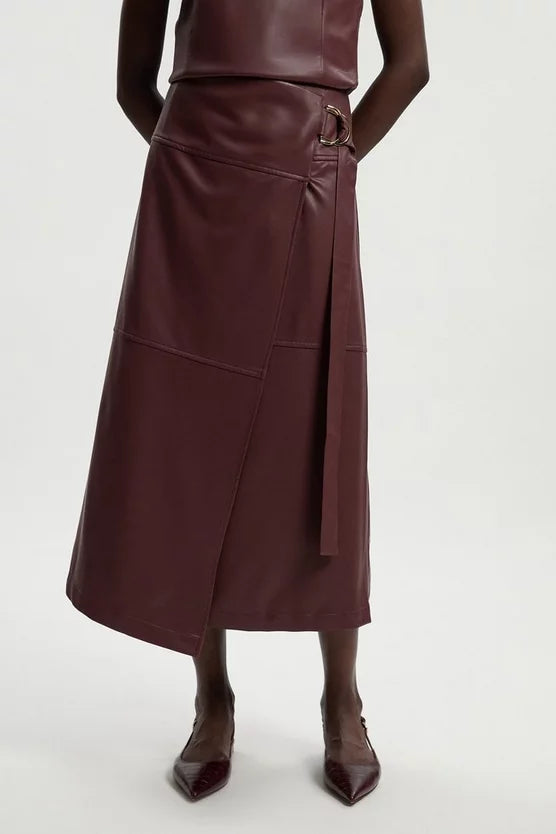 Faux Leather Tie Detail Wrap Midi Skirt
