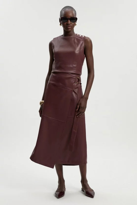 Faux Leather Tie Detail Wrap Midi Skirt
