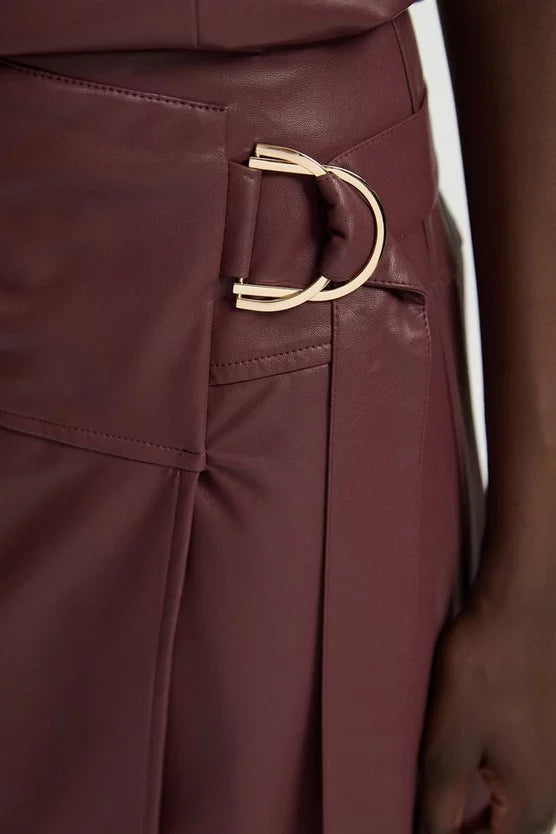 Faux Leather Tie Detail Wrap Midi Skirt