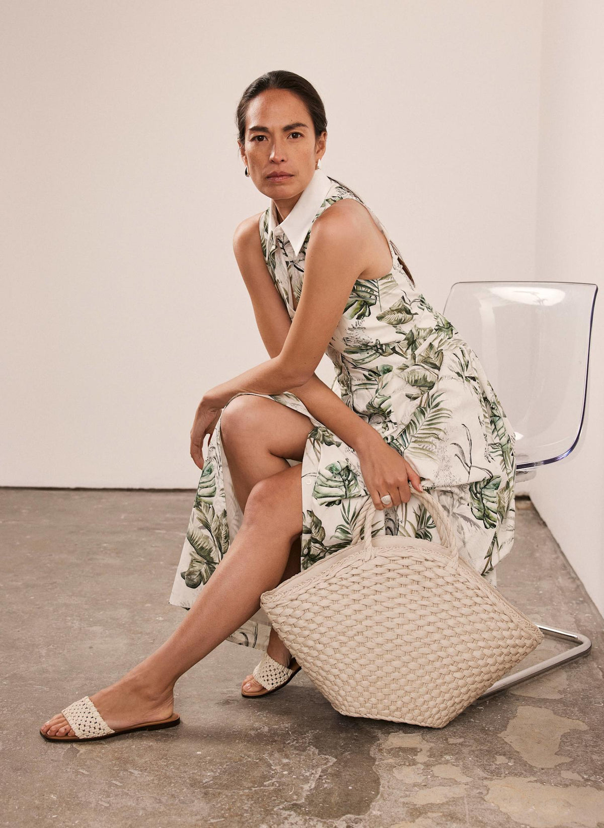 Green Palm Print Midi Shirt Dress