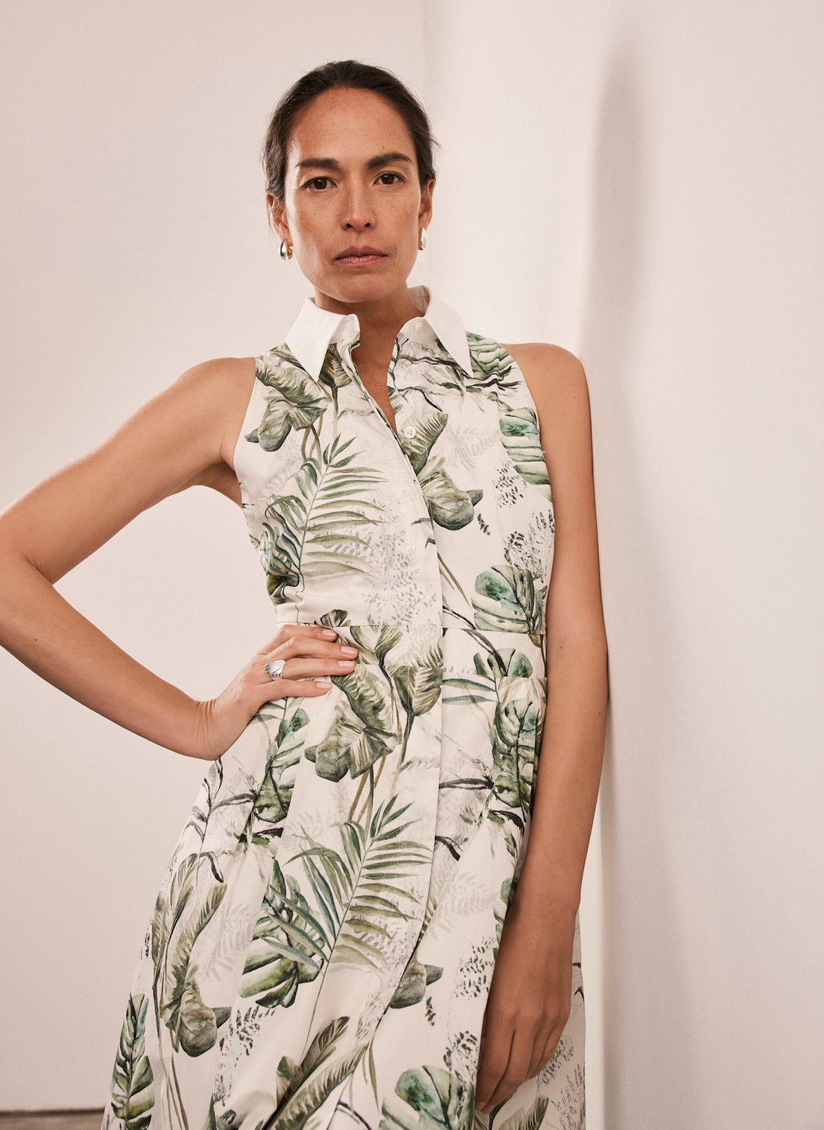 Green Palm Print Midi Shirt Dress