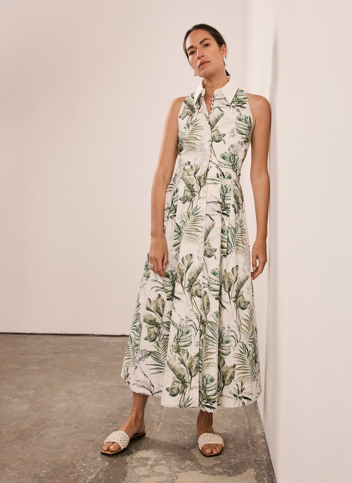 Green Palm Print Midi Shirt Dress