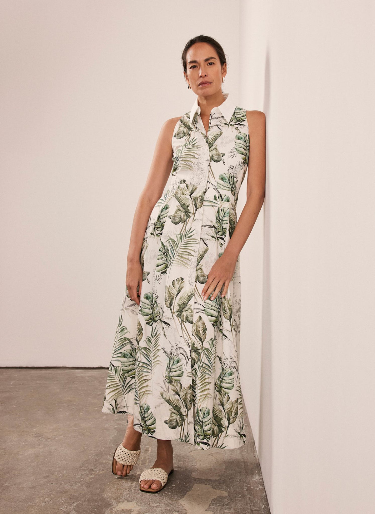 Green Palm Print Midi Shirt Dress