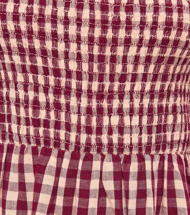 Pink Gingham Shirred Cropped Puff Sleeve Midi Dress