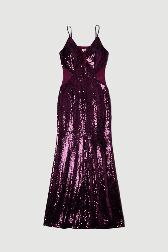 Sequin Power Mesh Lace Up Front Halter Neck Split Detail Maxi Dress