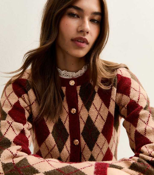 Red Argyle Long Sleeve Knit Cardigan