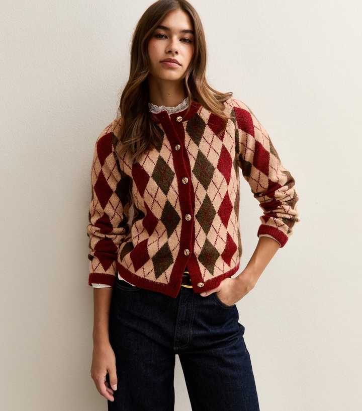 Red Argyle Long Sleeve Knit Cardigan