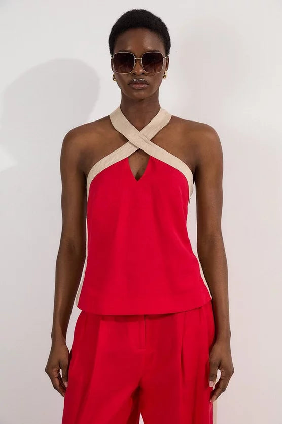 Contrast Linen Halter Neck Woven Top