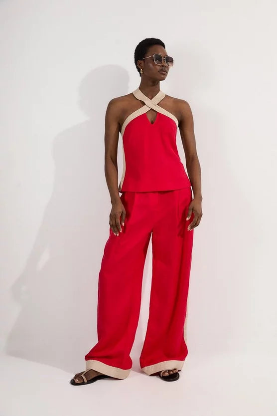 Contrast Linen Halter Neck Woven Top