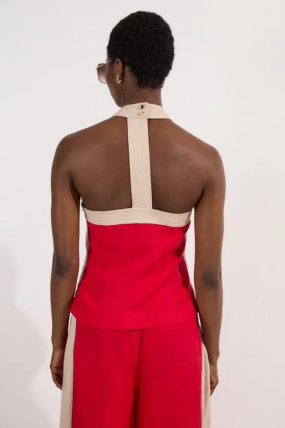 Contrast Linen Halter Neck Woven Top