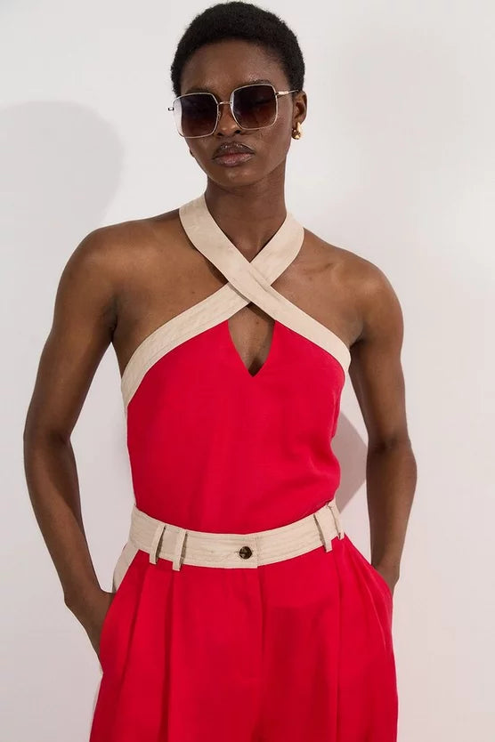 Contrast Linen Halter Neck Woven Top