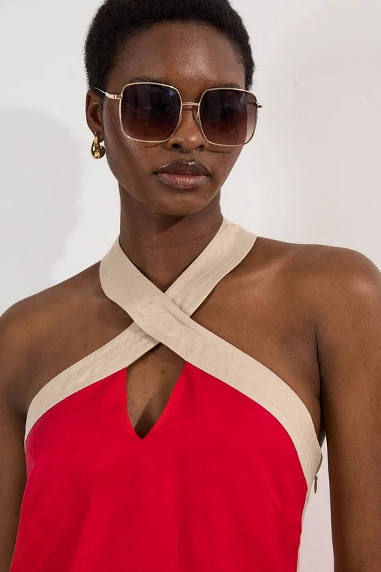 Contrast Linen Halter Neck Woven Top