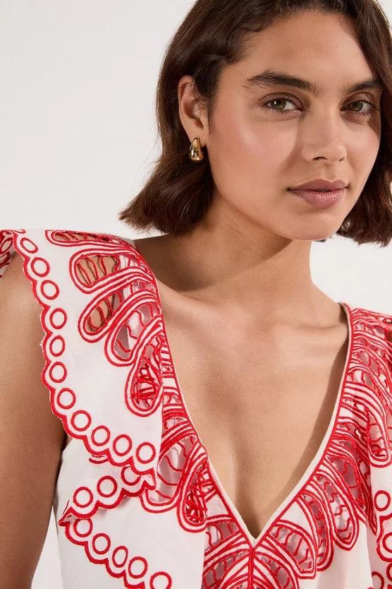 Cutwork Embroidered Ruffle Woven Dress