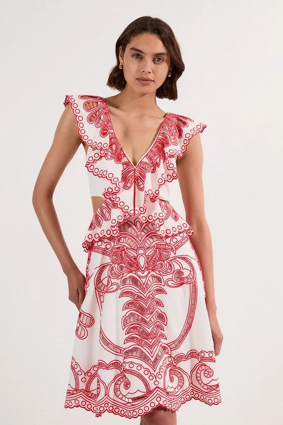 Cutwork Embroidered Ruffle Woven Dress
