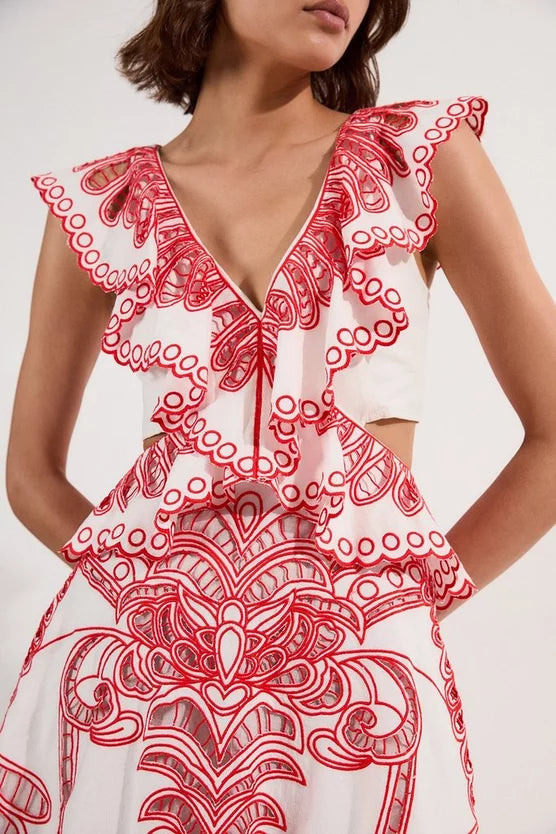 Cutwork Embroidered Ruffle Woven Dress