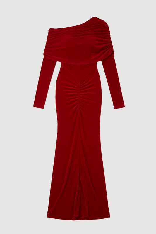 Drapey Crepe Off The Shoulder Ruched Detail Fishtail Maxi Dress