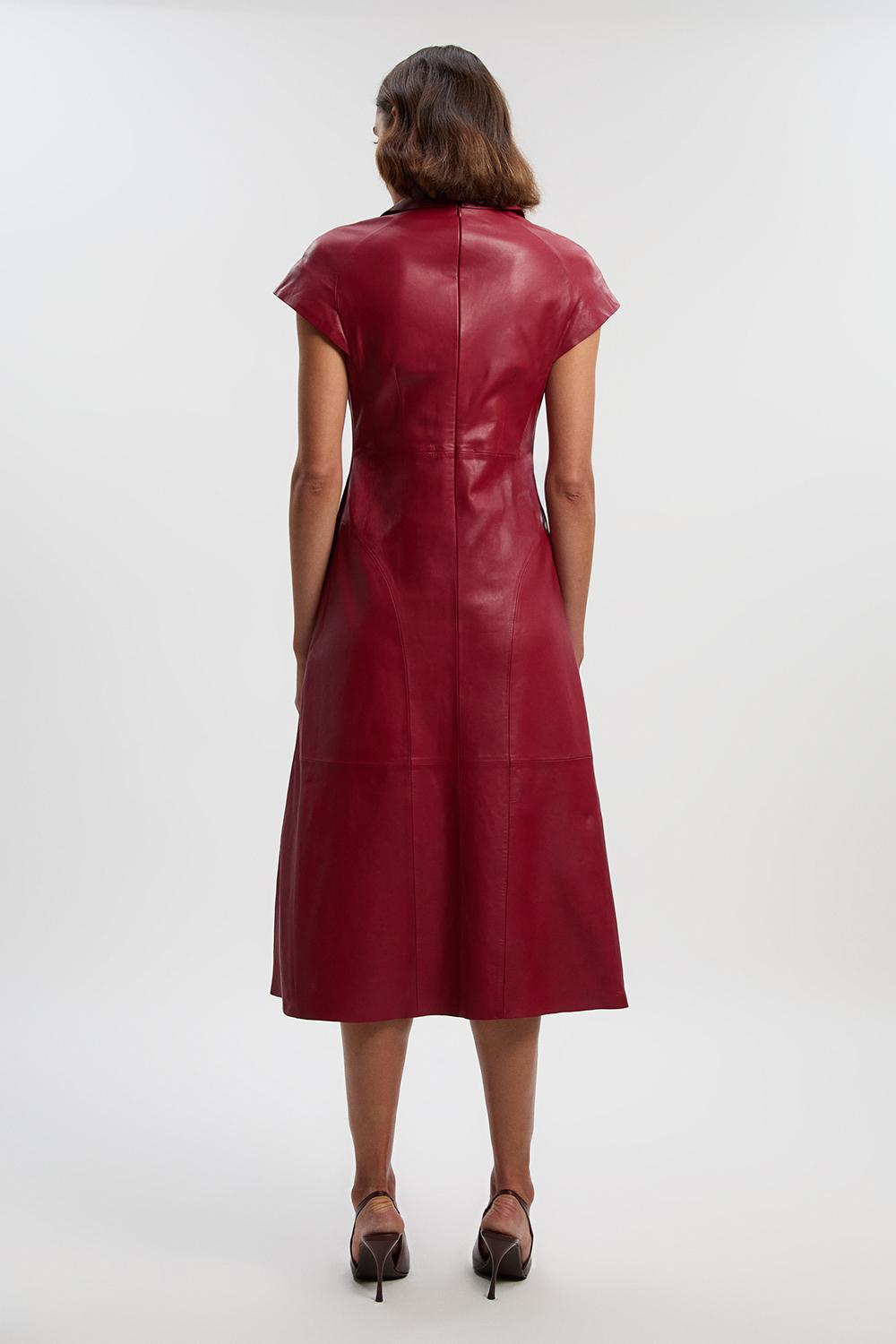 Leather Collared Tailored Midi Dress